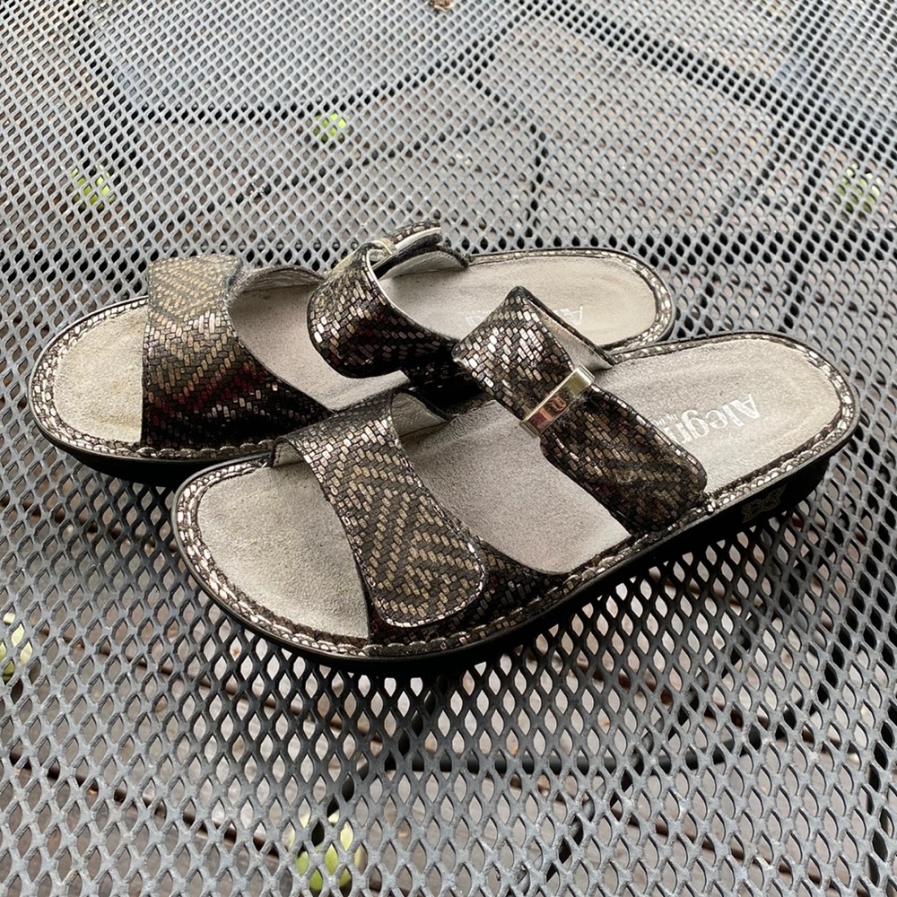Alegria - Double Strap Adjustable Slip On Karmen Sandals in Pewter Dazzler
